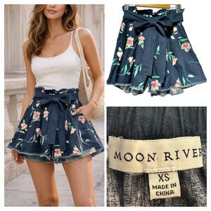 MOON RIVER | Women’s Floral Linen-Blend Tie-Front Skort XS
